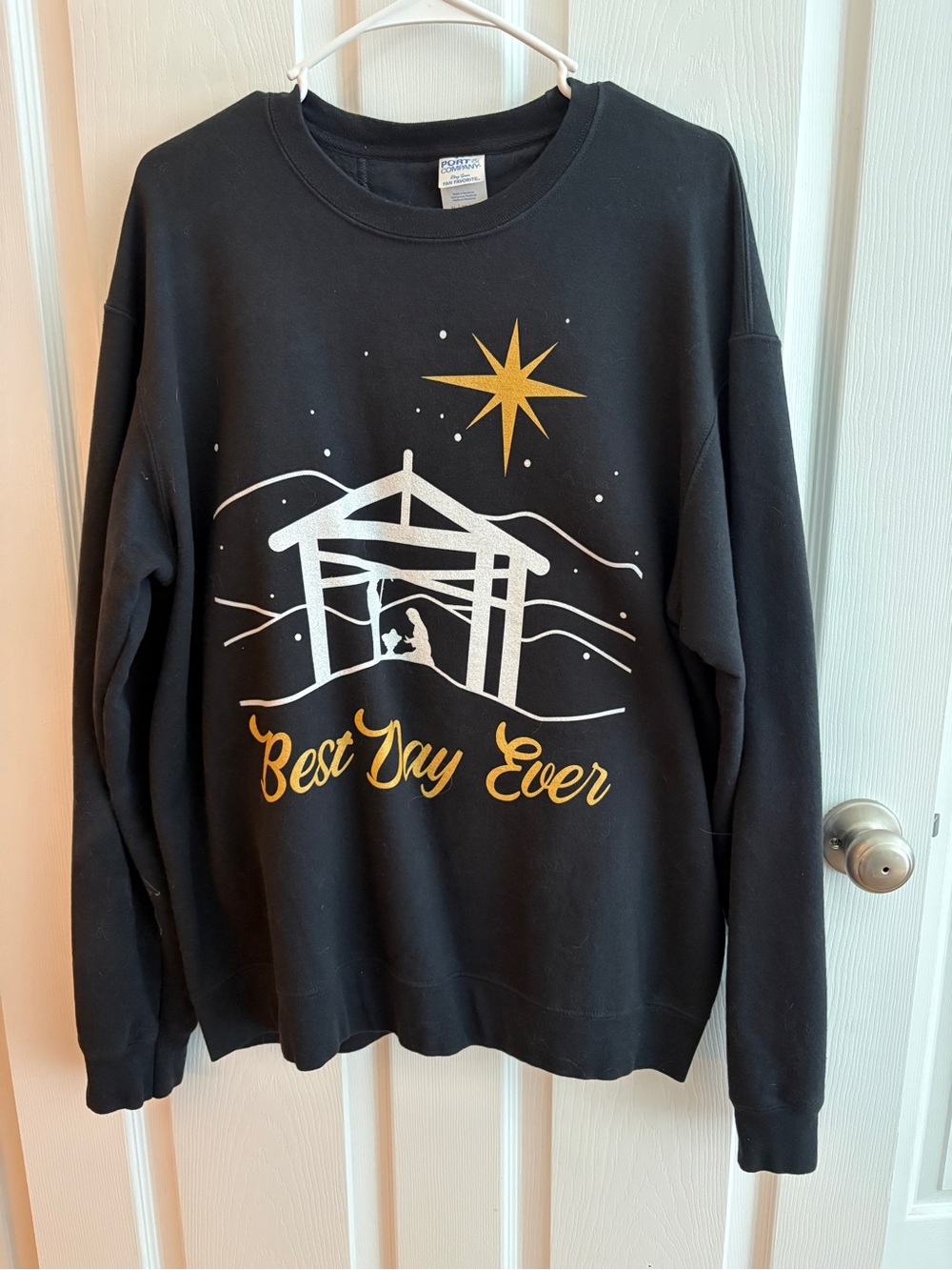 Port and Company Black Crewneck with Gold & White Nativity Graphic